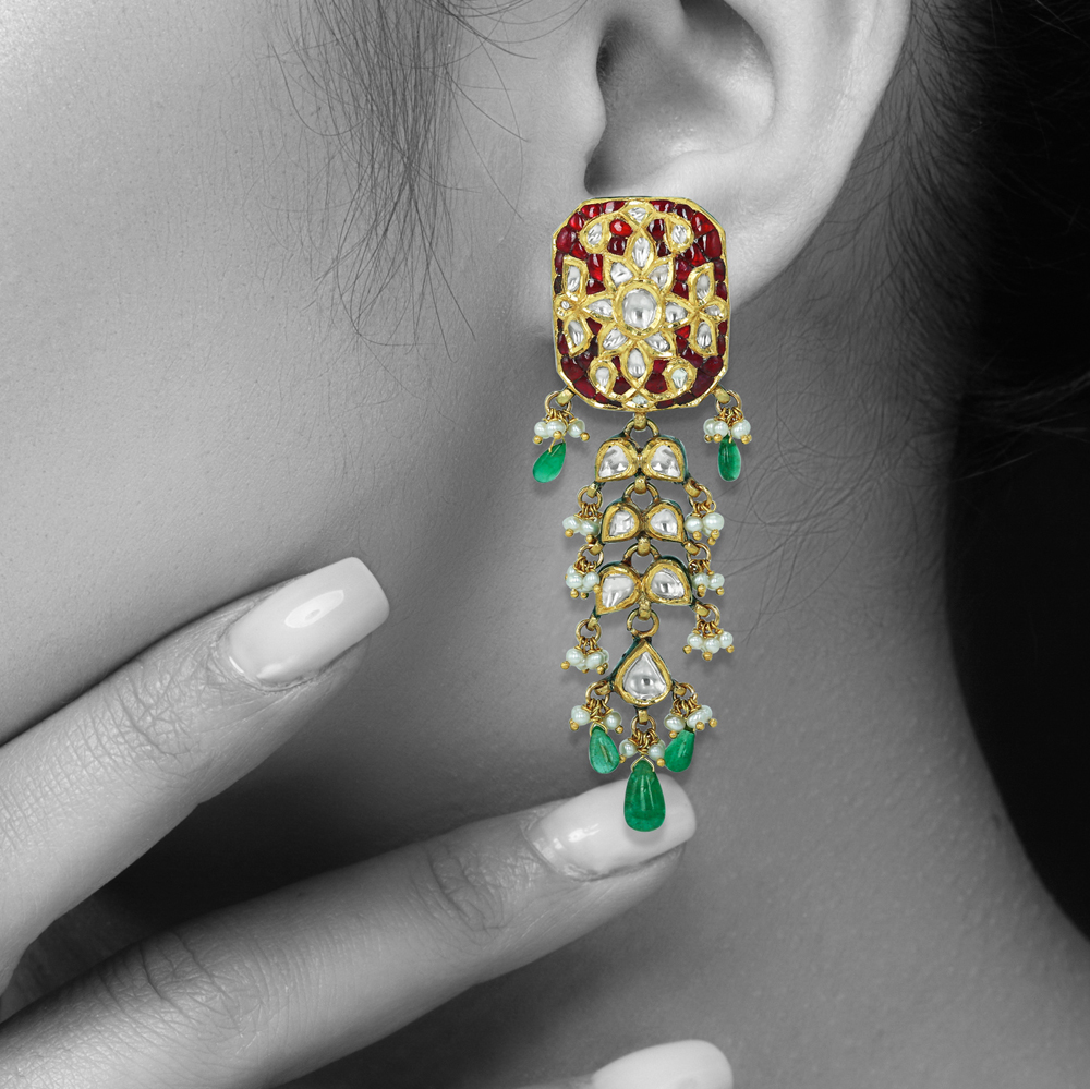 Rectangular Polki Earrings with Red Talaf, Emerald, and Pearl Drops